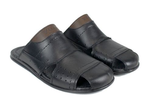 Papuci bărbați din piele naturală cu vârf semi-închis negru