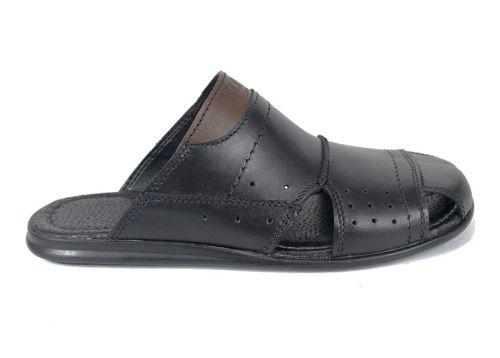 Papuci bărbați din piele naturală cu vârf semi-închis negru