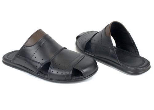 Papuci bărbați din piele naturală cu vârf semi-închis negru