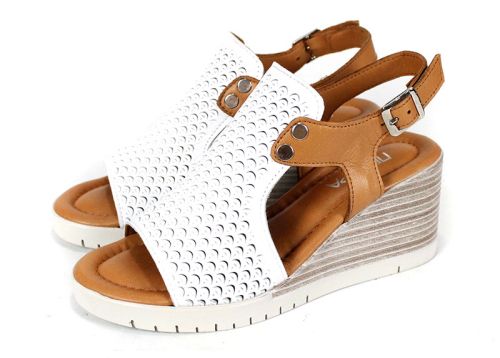 Sandale de damă Luna Clara din piele naturală albă și maro deschis, cu platformă