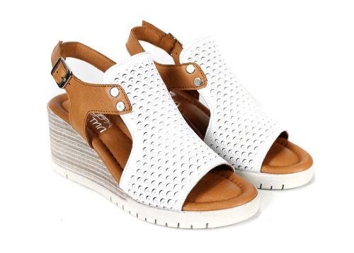 Sandale de damă Luna Clara din piele naturală albă și maro deschis, cu platformă