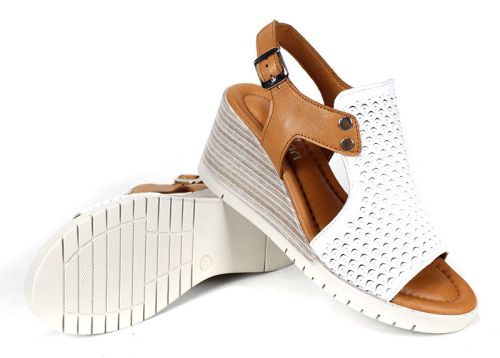 Sandale de damă Luna Clara din piele naturală albă și maro deschis, cu platformă