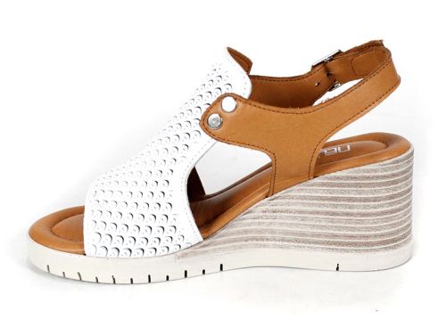 Sandale de damă Luna Clara din piele naturală albă și maro deschis, cu platformă