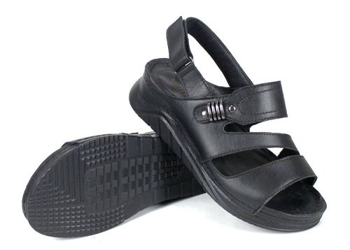 Astra Nero – sandale damă din piele naturală neagră cu platformă joasă, căptușeală și brant din piele, model comod cu închidere velcro