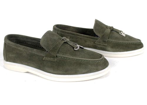 Mistica – mocasini damă din piele întoarsă kaki cu talpă flexibilă și branț din piele naturală