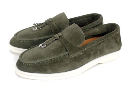 Mistica – mocasini damă din piele întoarsă kaki cu talpă flexibilă și branț din piele naturală