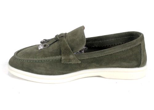 Mistica – mocasini damă din piele întoarsă kaki cu talpă flexibilă și branț din piele naturală