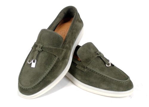 Mistica – mocasini damă din piele întoarsă kaki cu talpă flexibilă și branț din piele naturală