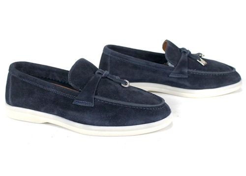 Mistica – mocasini damă din piele întoarsă bleumarin cu talpă albă și branț din piele naturală