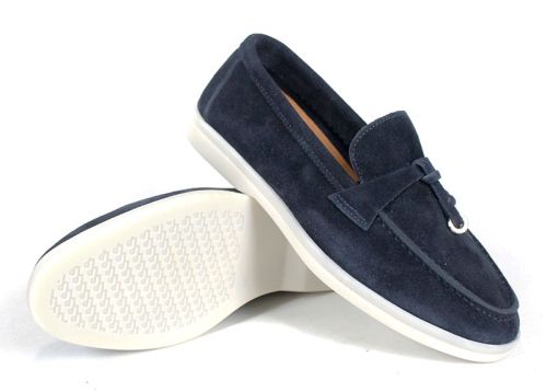 Mistica – mocasini damă din piele întoarsă bleumarin cu talpă albă și branț din piele naturală