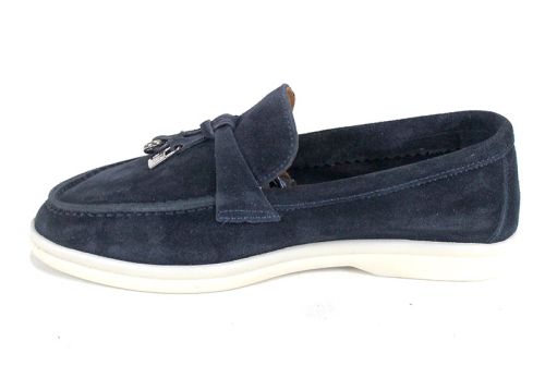 Mistica – mocasini damă din piele întoarsă bleumarin cu talpă albă și branț din piele naturală