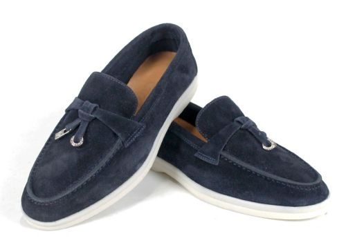 Mistica – mocasini damă din piele întoarsă bleumarin cu talpă albă și branț din piele naturală