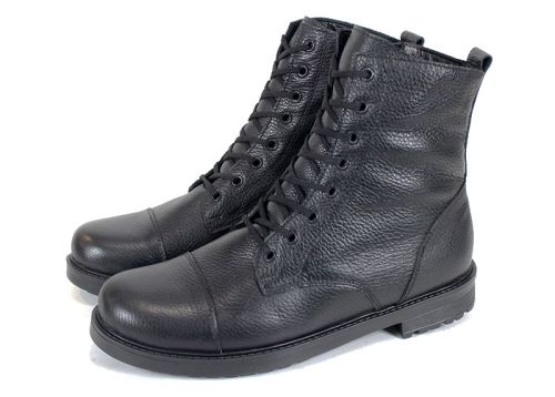Cizme barbatesti din piele naturala cu sireturi si fermoar lateral negru, model Sylvester.