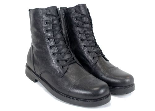 Cizme barbatesti din piele naturala cu sireturi si fermoar lateral negru, model Sylvester.
