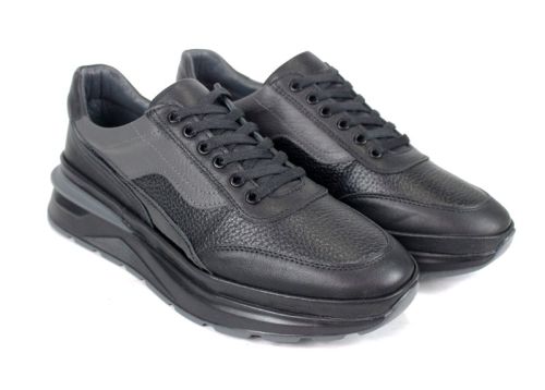 Pantofi sport bărbătești Silente Nero din piele naturală – negru și gri, spumă de memorie, talpă flexibilă