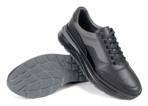 Pantofi sport bărbătești Silente Nero din piele naturală – negru și gri, spumă de memorie, talpă flexibilă