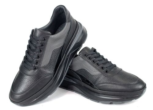 Pantofi sport bărbătești Silente Nero din piele naturală – negru și gri, spumă de memorie, talpă flexibilă