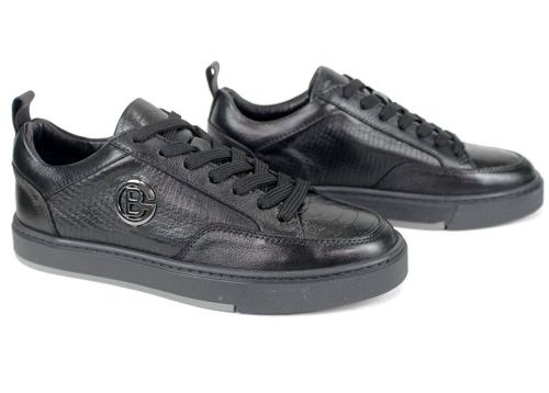 Pantofi bărbătești Lupo Forte din piele naturală neagră cu imprimeu croco și șarpe, talpă cusută din cauciuc