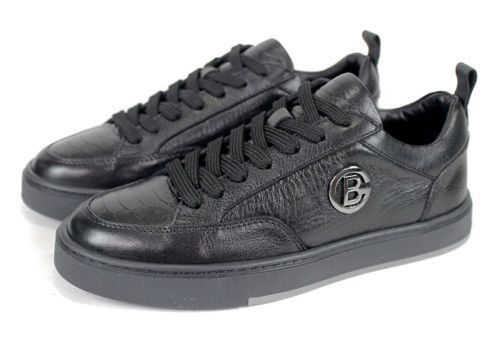 Pantofi bărbătești Lupo Forte din piele naturală neagră cu imprimeu croco și șarpe, talpă cusută din cauciuc