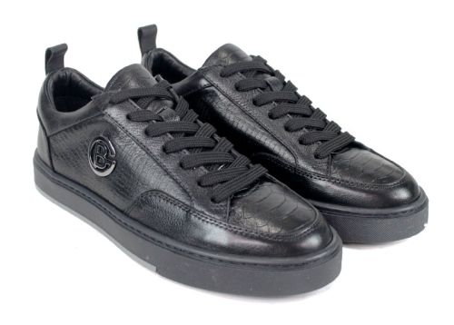 Pantofi bărbătești Lupo Forte din piele naturală neagră cu imprimeu croco și șarpe, talpă cusută din cauciuc