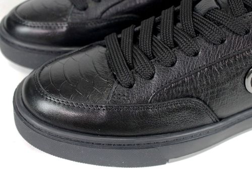 Pantofi bărbătești Lupo Forte din piele naturală neagră cu imprimeu croco și șarpe, talpă cusută din cauciuc