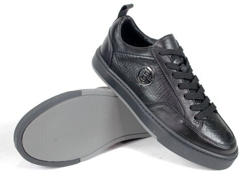 Pantofi bărbătești Lupo Forte din piele naturală neagră cu imprimeu croco și șarpe, talpă cusută din cauciuc