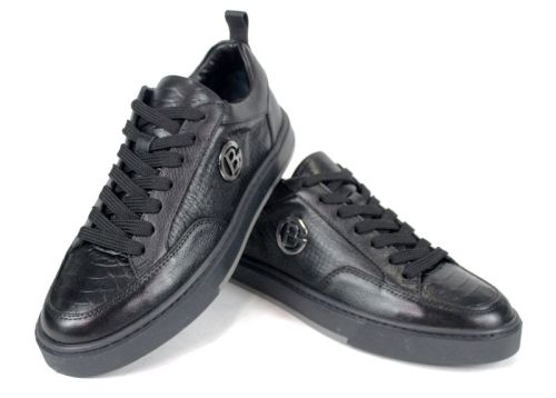 Pantofi bărbătești Lupo Forte din piele naturală neagră cu imprimeu croco și șarpe, talpă cusută din cauciuc