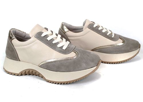 Pantofi sport damă Eleganza Viso – piele naturală bej și velur vizon cu detaliu auriu