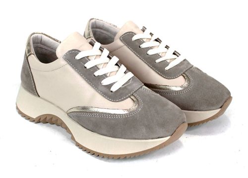 Pantofi sport damă Eleganza Viso – piele naturală bej și velur vizon cu detaliu auriu