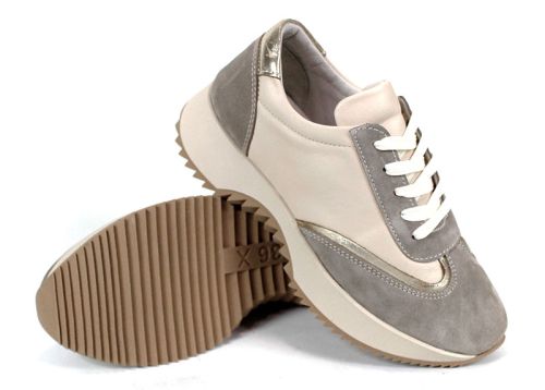 Pantofi sport damă Eleganza Viso – piele naturală bej și velur vizon cu detaliu auriu