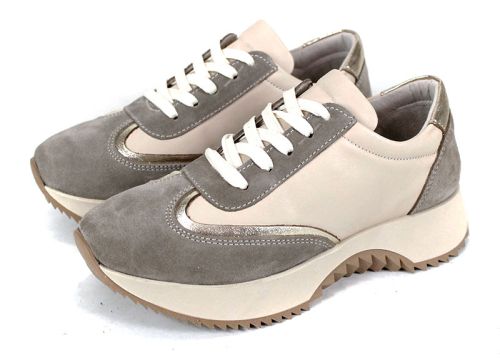 Pantofi sport damă Eleganza Viso – piele naturală bej și velur vizon cu detaliu auriu
