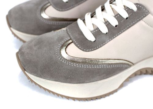 Pantofi sport damă Eleganza Viso – piele naturală bej și velur vizon cu detaliu auriu