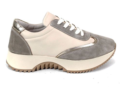 Pantofi sport damă Eleganza Viso – piele naturală bej și velur vizon cu detaliu auriu