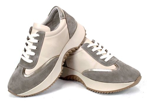 Pantofi sport damă Eleganza Viso – piele naturală bej și velur vizon cu detaliu auriu