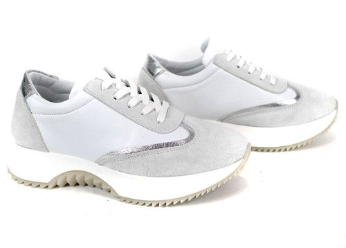 Sneakers damă Eleganza Viso din piele albă, velur alb și detaliu argintiu