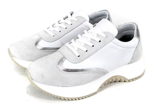 Sneakers damă Eleganza Viso din piele albă, velur alb și detaliu argintiu