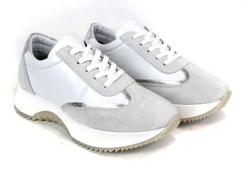 Sneakers damă Eleganza Viso din piele albă, velur alb și detaliu argintiu