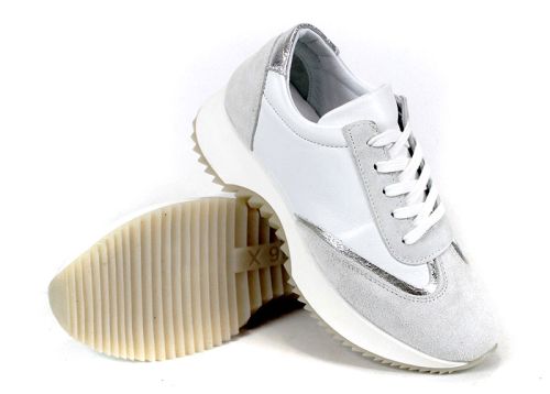 Sneakers damă Eleganza Viso din piele albă, velur alb și detaliu argintiu