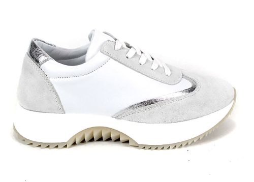 Sneakers damă Eleganza Viso – piele albă, velur alb și detaliu argintiu