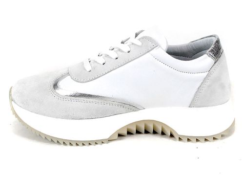 Sneakers damă Eleganza Viso – piele albă, velur alb și detaliu argintiu