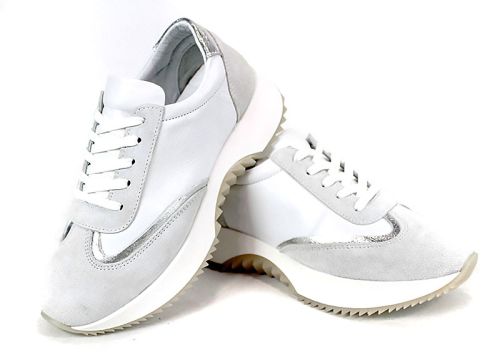 Sneakers damă Eleganza Viso – piele albă, velur alb și detaliu argintiu