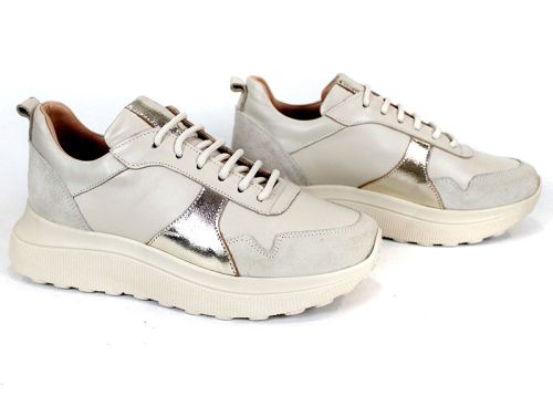 Sneakers damă Aurea Luce din piele naturală și velur bej cu detaliu auriu