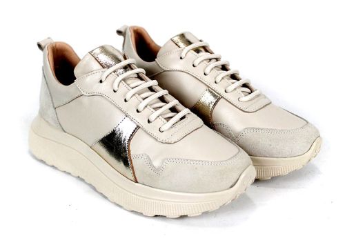 Sneakers damă Aurea Luce din piele naturală și velur bej cu detaliu auriu