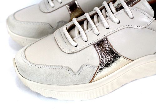 Sneakers damă Aurea Luce din piele naturală și velur bej cu detaliu auriu