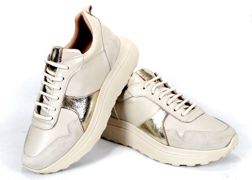 Sneakers damă Aurea Luce din piele naturală și velur bej cu detaliu auriu