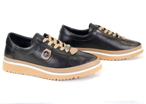 pantofi Linea Nova negri cu detalii bej și talpă ușoară