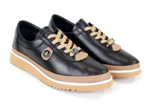 pantofi Linea Nova negri cu detalii bej și talpă ușoară