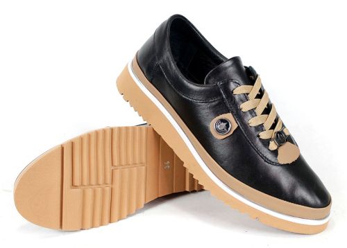 pantofi Linea Nova negri cu detalii bej și talpă ușoară