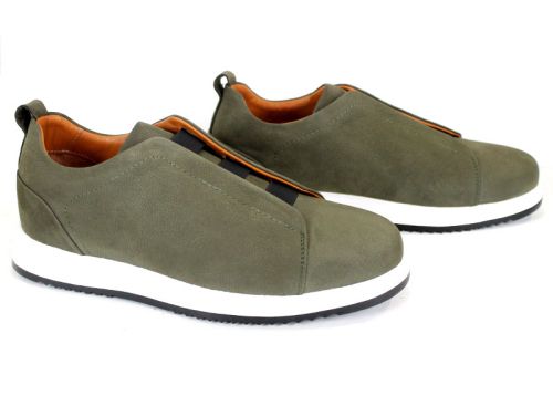 pantofi bărbătești nubuc natural kaki fără șireturi cu elastice și talpă sport