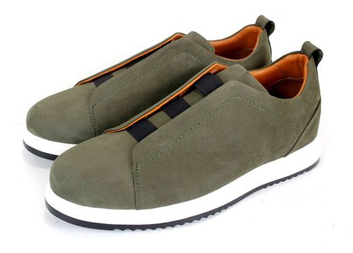 pantofi bărbătești nubuc natural kaki fără șireturi cu elastice și talpă sport